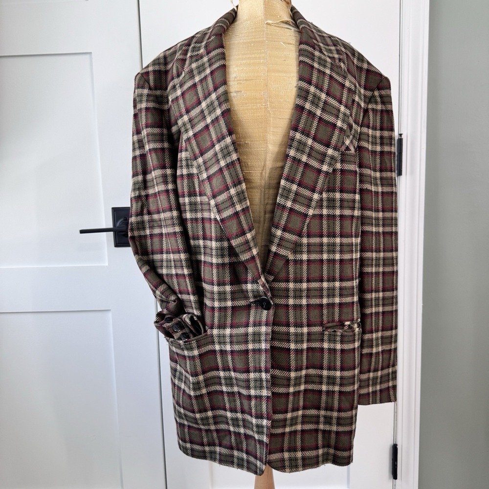 Vintage Women Sz 12 Wool Blend Blazer Green Red Plaid 3 Button 80s/90s USA Made